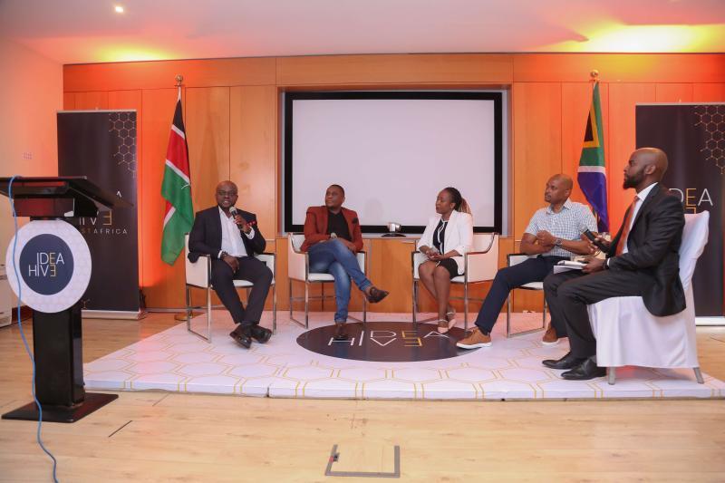 Idea Hive Group CEO,Yaw Dwomoh, County Director & Head of Partnerships at Market force, Head of Advertising at Opera -East Africa, Mercy  Kiongera, Safaricom Big Data & CVM Tech Lead, Kamau Maina and Moderator Mark Masai at a panel discussion.